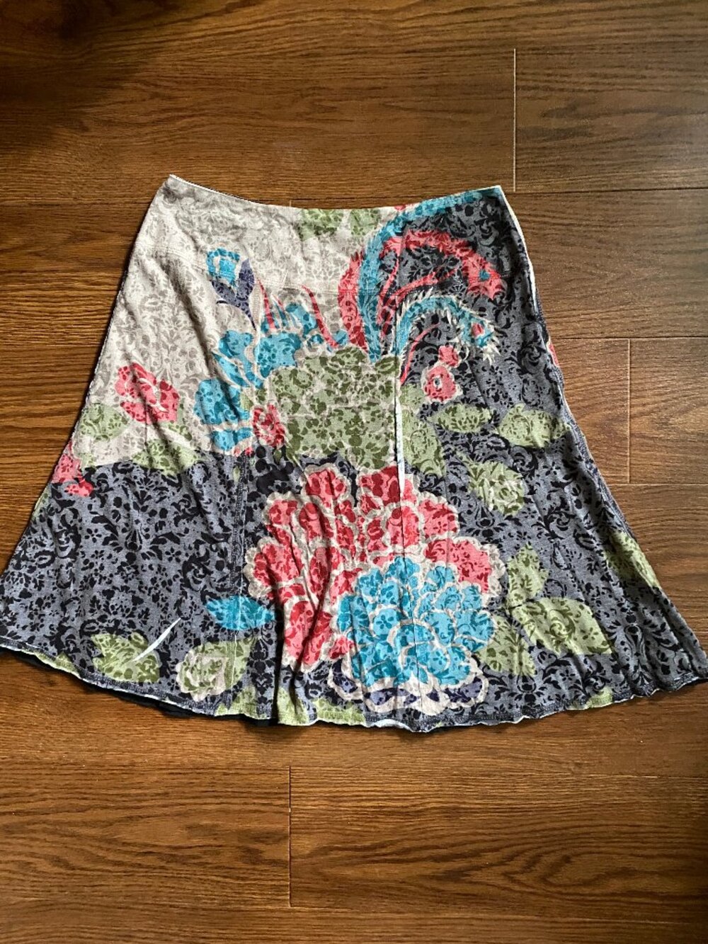 VTG Y2K Boho Mixed Print Reversible Cotton Knit A-Line Midi Skirt